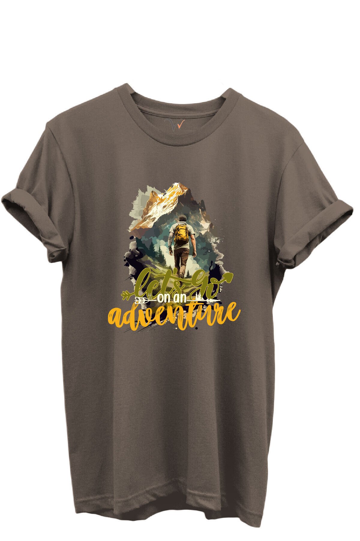 Let’s Go on an Adventure Yazılı Dağcı ve Doğa Temalı %100 Pamuk Regular Fit Unisex T-Shirt Kahverengi - M