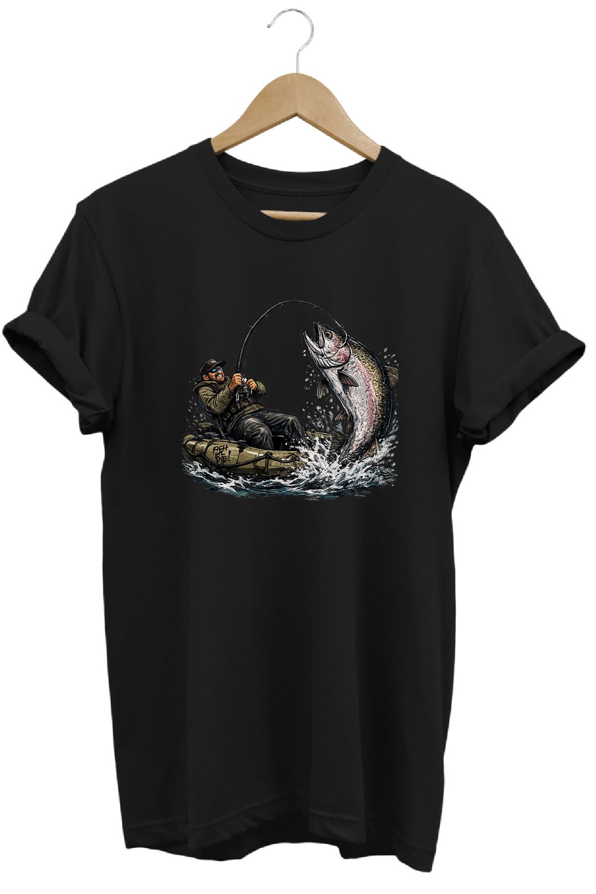 Sportif Balıkçılık ve Olta Baskılı Doğa Tişörtü Outdoor Kamp Giyimi Siyah - 2XL