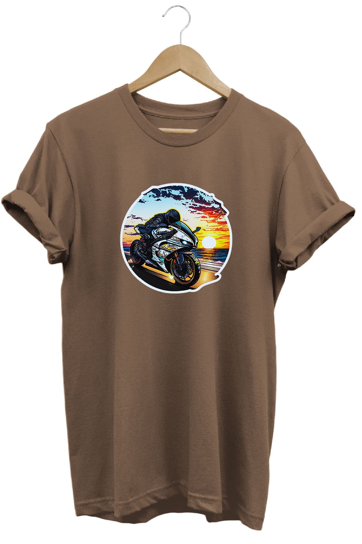 Unisex Motosiklet Temalı Grafik Baskılı Bisiklet Yaka Tişört T-shirt Kumul Kahve - S