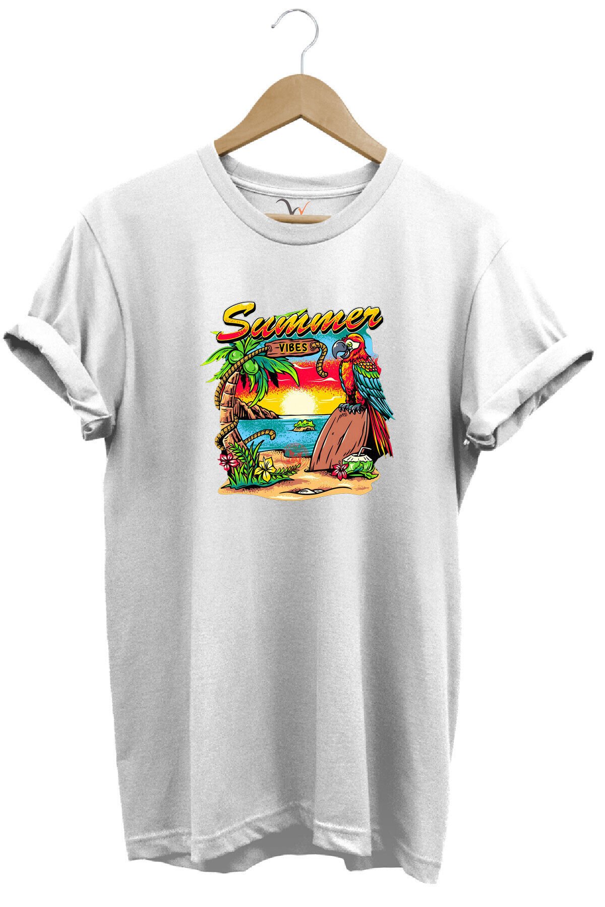 Renkli Summer Vibes Tasarım Baskılı Ve Papağan %100 Pamuk Regular Fit Premium Gri T-shirt Beyaz - 2XL