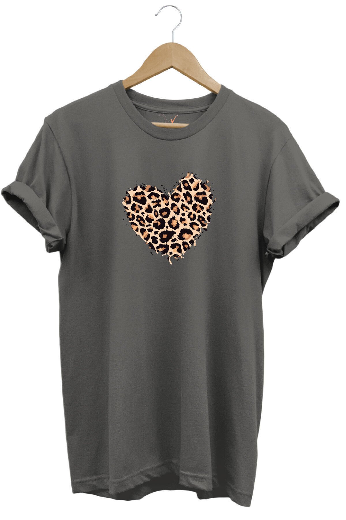 Leopar Desenli Kalp Baskılı %100 Pamuk Regular Fit Bisiklet Yaka Lacivert T-shirt Gri - M