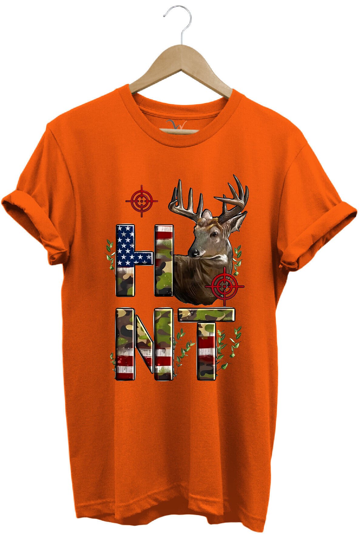 Hunting Avcılık Geyik ve Kamuflaj Hunt Yazı Baskılı %100 Pamuk Regular Fit Bisiklet Yaka T-Shirt Turuncu - M