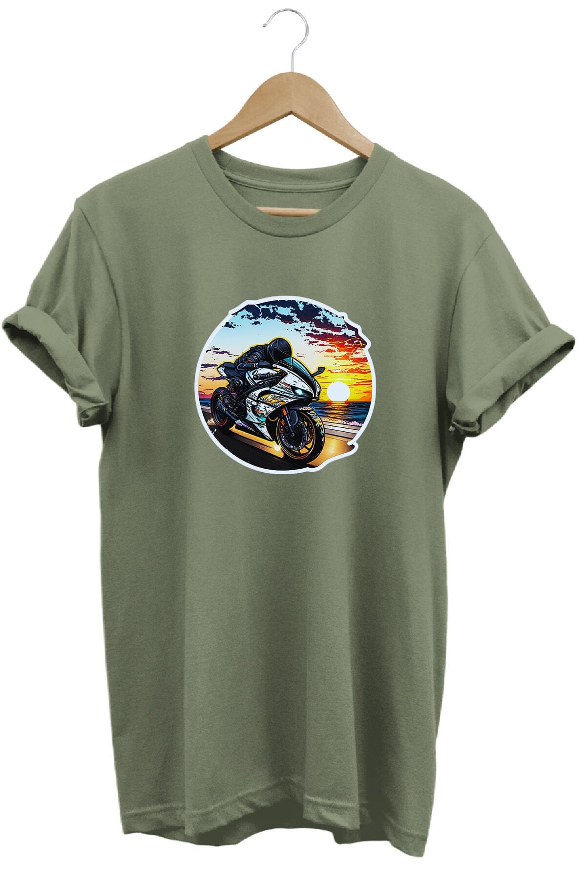 Unisex Motosiklet Temalı Grafik Baskılı Bisiklet Yaka Tişört T-shirt Haki - L