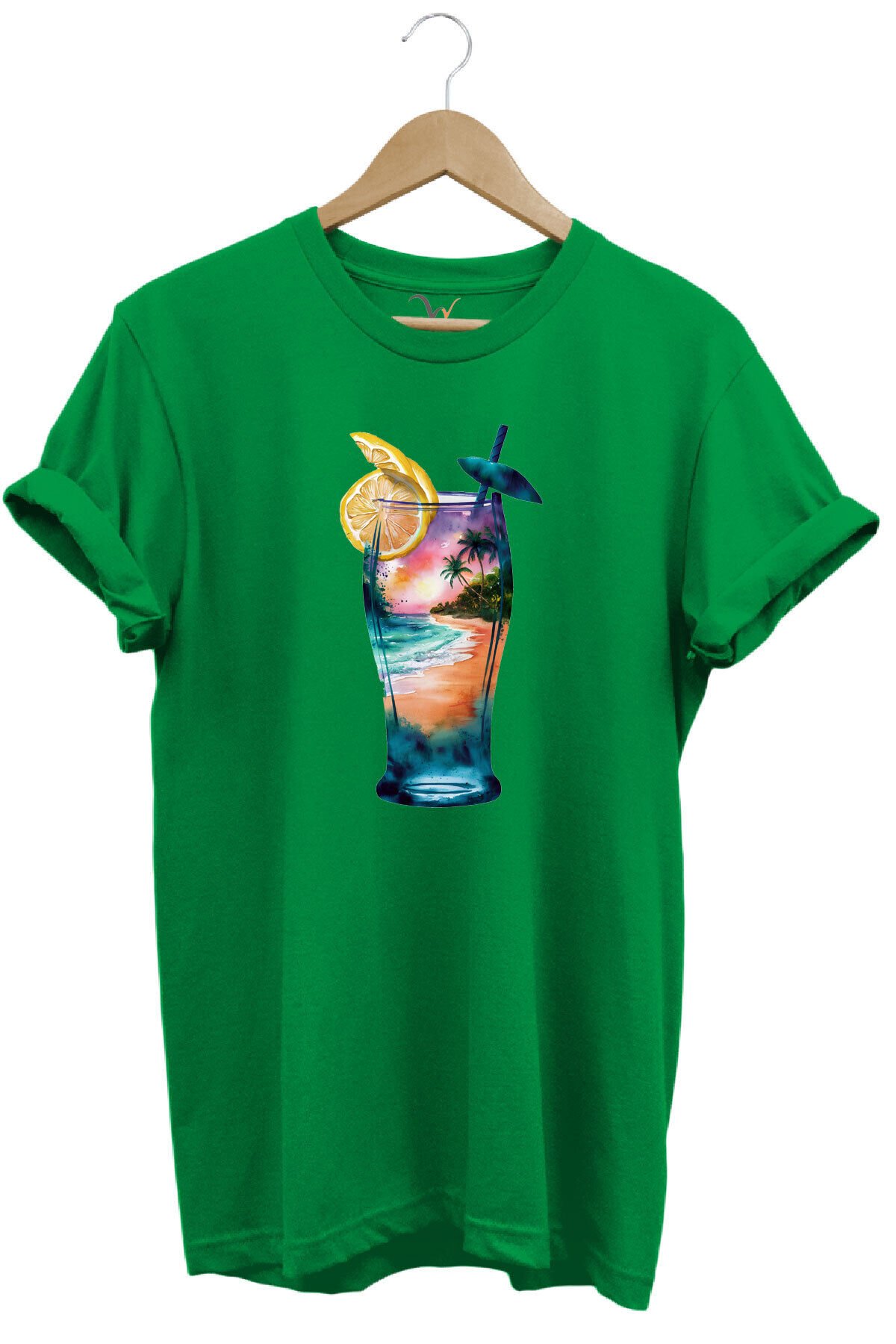 Summer Yaz Havasa ve Kokteyl Baskılı %100 Pamuk Unisex Regular Fit T-Shirt Yeşil - 2XL