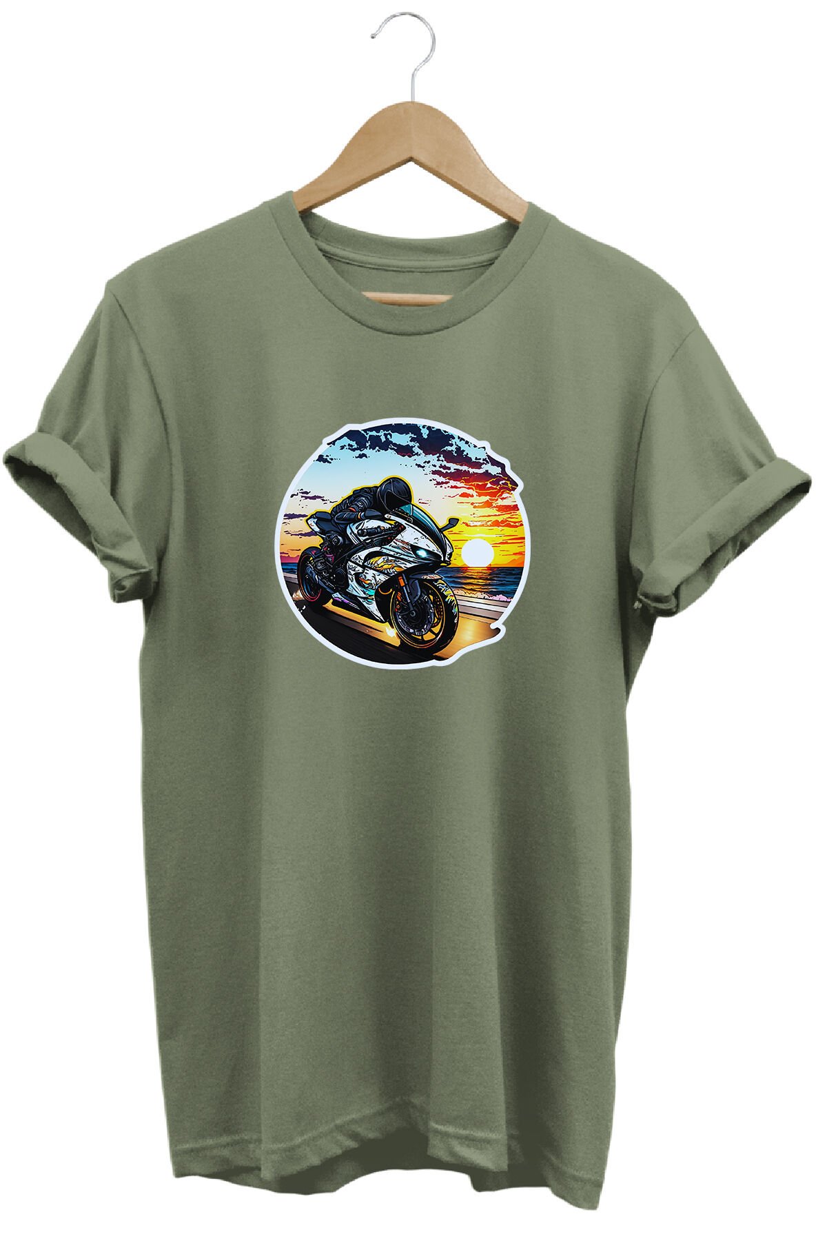 Unisex Motosiklet Temalı Grafik Baskılı Bisiklet Yaka Tişört T-shirt Haki - M