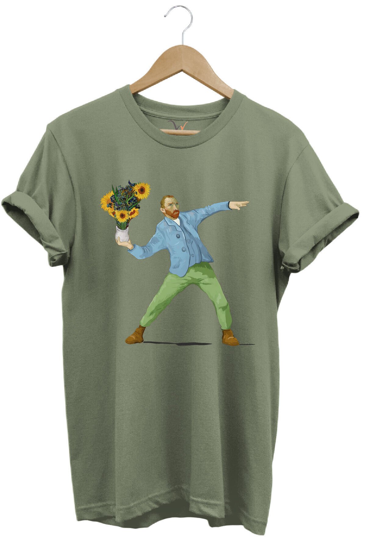 Sanatsal Portre Tasarım Baskılı ve Çiçekler %100 Pamuk Regular Fit Bisiklet Yaka T-shirt Haki - 2XL
