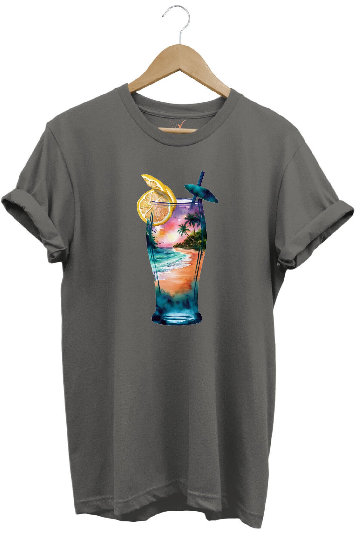 Summer Yaz Havasa ve Kokteyl Baskılı %100 Pamuk Unisex Regular Fit T-Shirt Gri - L
