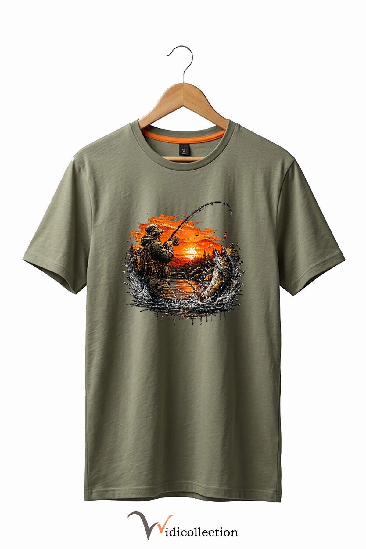 Pike Balığı Balıkçı Pike Gün Batımı ve Doğa Manzaralı Sportif Outdoor %100 Pamuk Basic T-Shirt Haki - 3XL