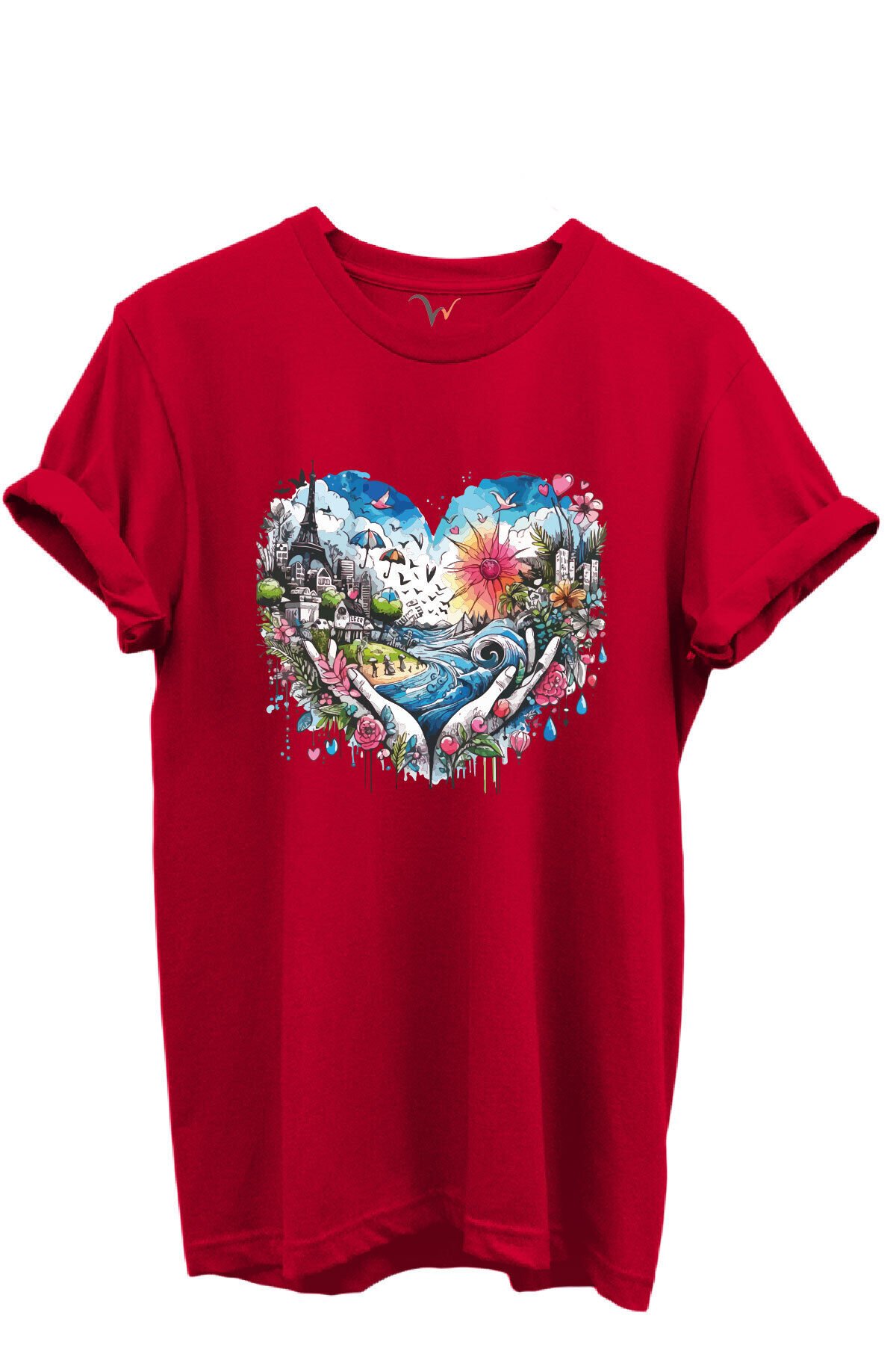 Kalp Şehir Manzaralı Renkli Baskılı %100 Pamuk Regular Fit Unisex T-Shirt Kırmızı - L