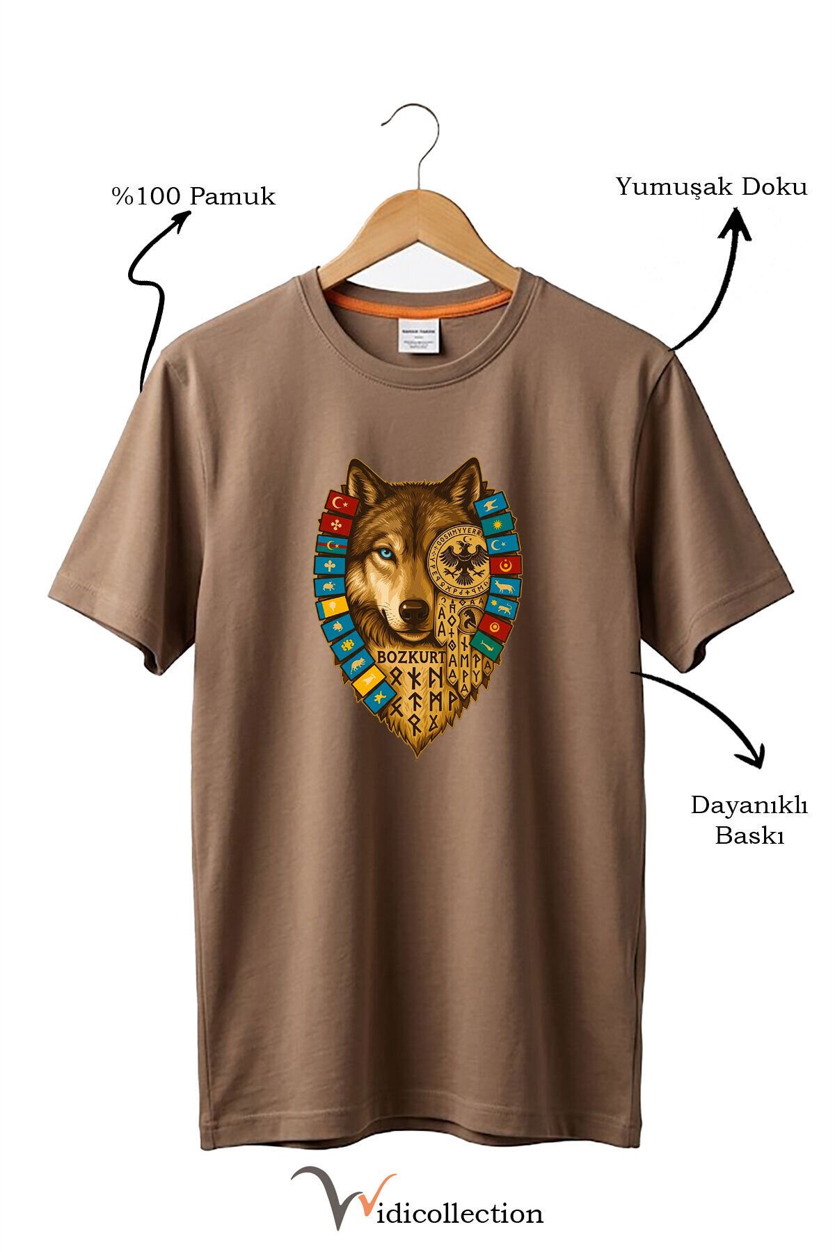 Bozkurt Göktürk Alfabeli ve Türk Devletleri Bayrakları Baskılı %100 Pamuk Regular Fit T-shirt Kahverengi - M