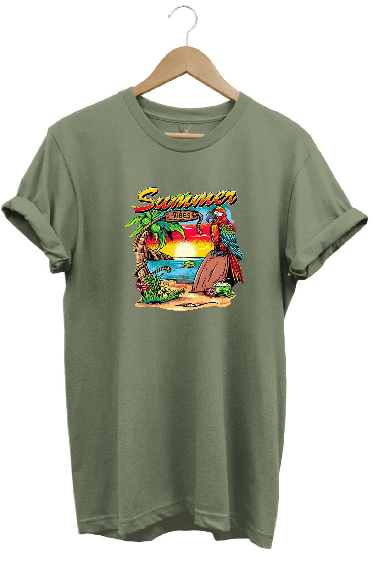 Renkli Summer Vibes Tasarım Baskılı Ve Papağan %100 Pamuk Regular Fit Premium Gri T-shirt Haki - L