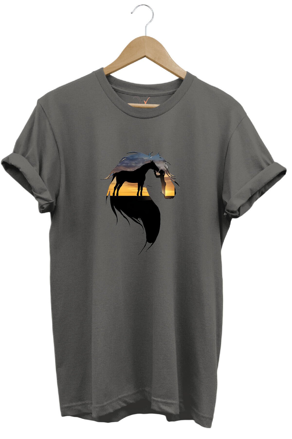 At Ve At Seven Kadın Baskılı %100 Pamuk Regular Fit Bisiklet Yaka Haki T-shirt Gri - S