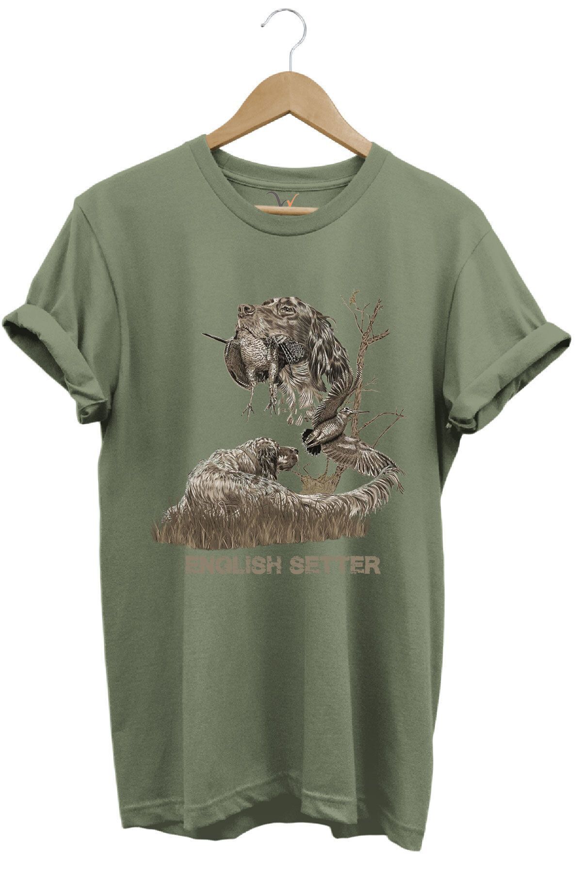 Avcılık Hunter Ağaçlı English Setter Çulluk Yazı Baskılı %100 Pamuk Regular Fit Yeşil T-shirt Haki - 2XL
