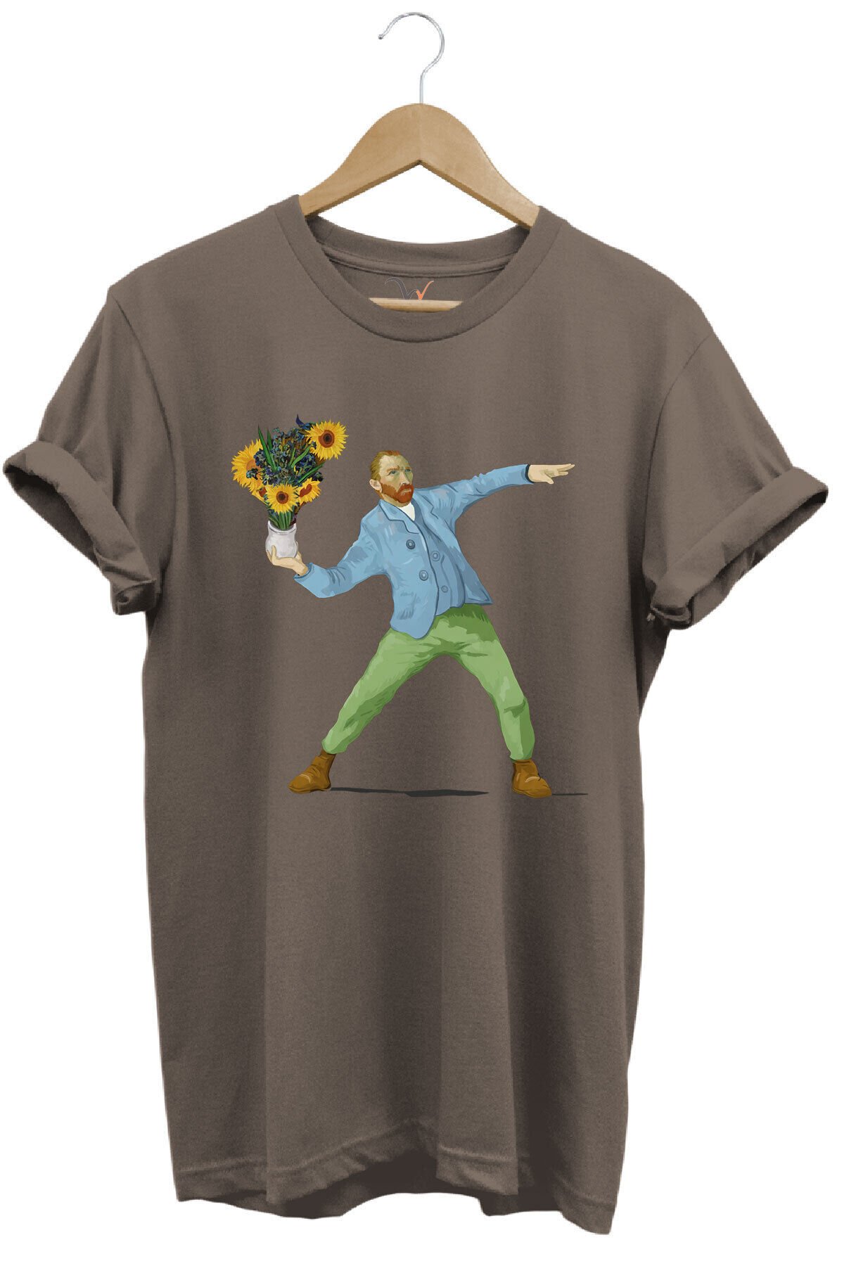 Sanatsal Portre Tasarım Baskılı ve Çiçekler %100 Pamuk Regular Fit Bisiklet Yaka T-shirt Kahverengi - 3XL