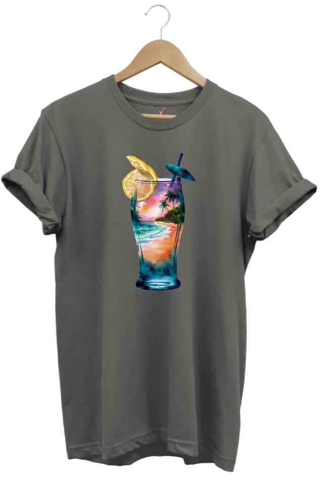Summer Yaz Havasa ve Kokteyl Baskılı %100 Pamuk Unisex Regular Fit T-Shirt Gri - 2XL