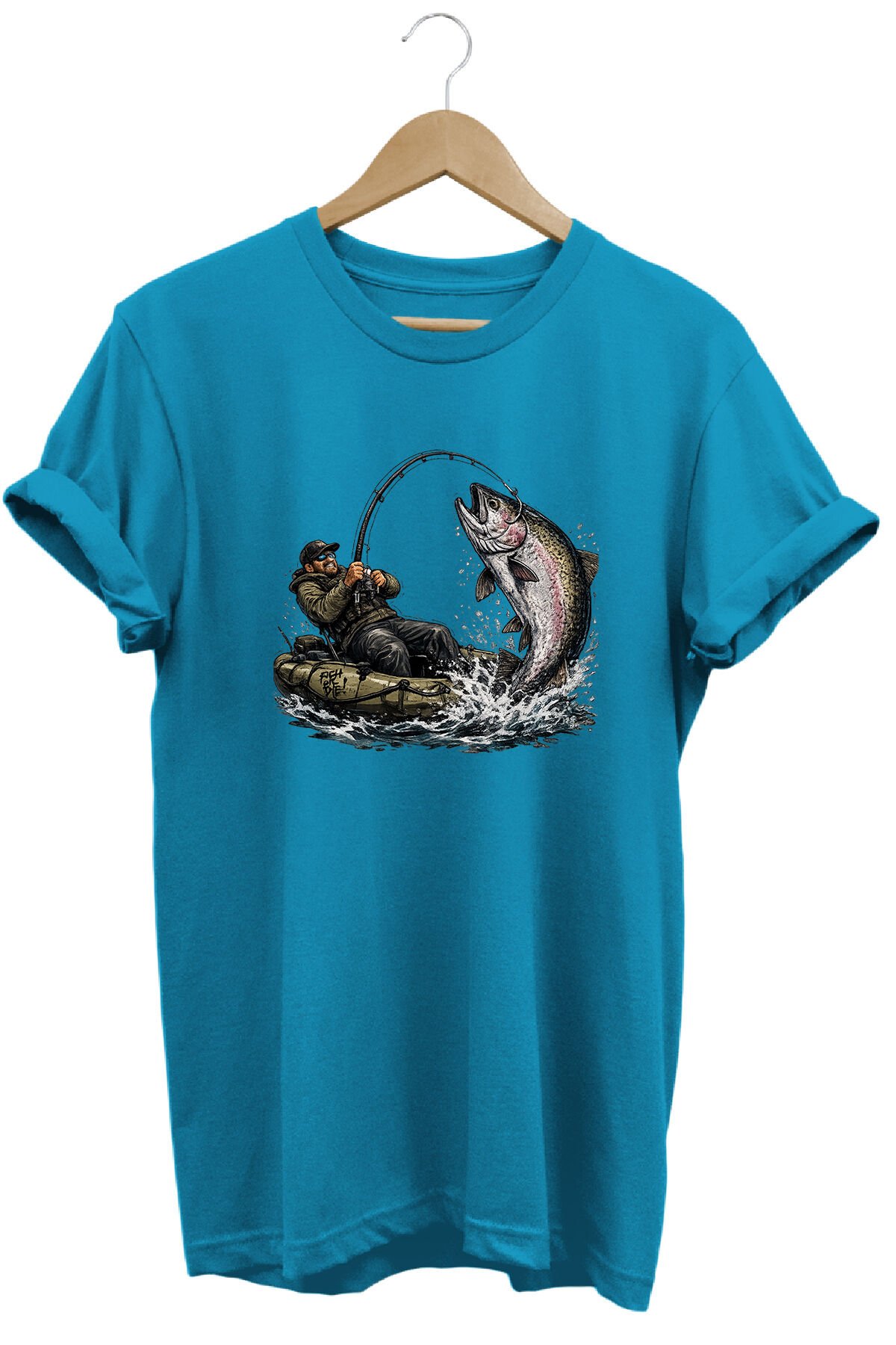 Sportif Balıkçılık ve Olta Baskılı Doğa Tişörtü Outdoor Kamp Giyimi Turkuaz - 2XL