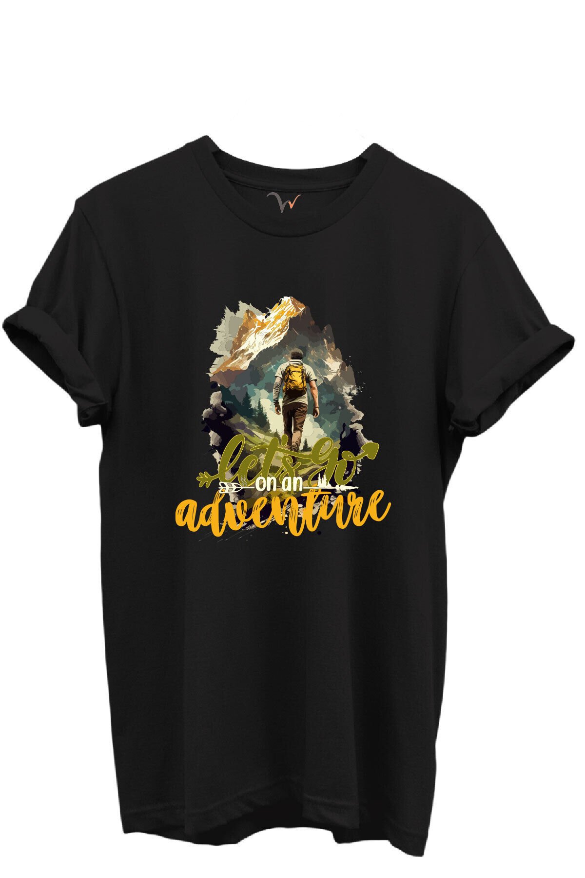 Let’s Go on an Adventure Yazılı Dağcı ve Doğa Temalı %100 Pamuk Regular Fit Unisex T-Shirt Siyah - XL
