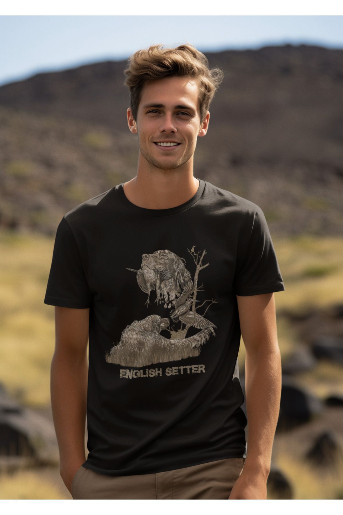 Avcılık Hunter Ağaçlı English Setter Çulluk Yazı Baskılı %100 Pamuk Regular Fit Yeşil T-shirt Siyah - S