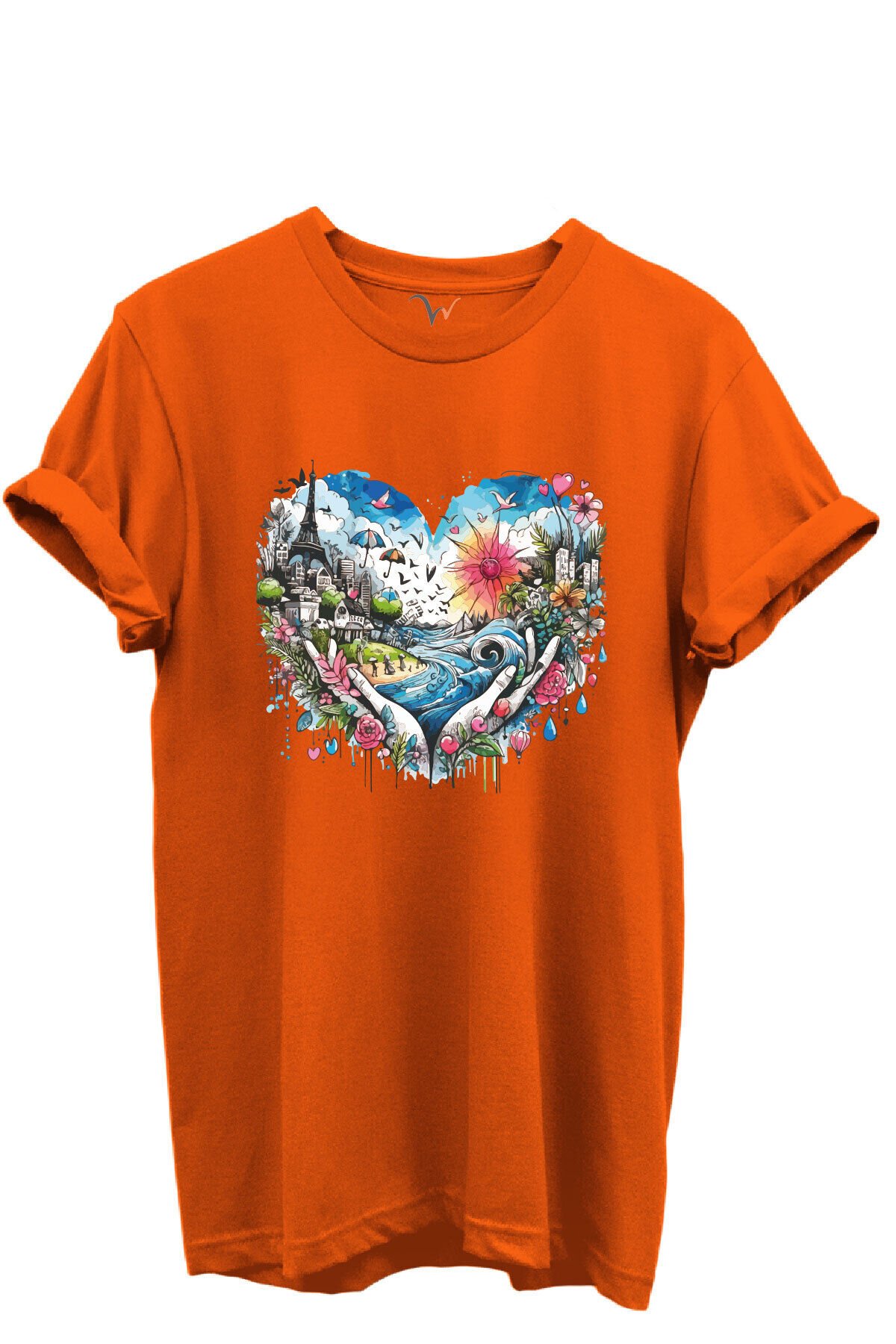 Kalp Şehir Manzaralı Renkli Baskılı %100 Pamuk Regular Fit Unisex T-Shirt Turuncu - XL
