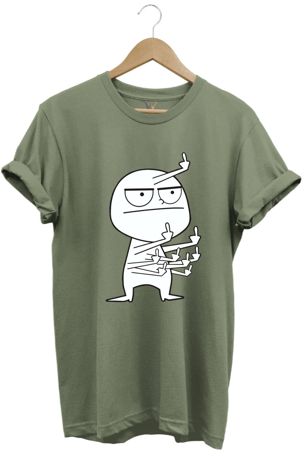 Eğlenceli Komik Orta Parmak Tasarım Baskılı %100 Pamuk Regular Fit Kırmızı T-shirt Haki - S