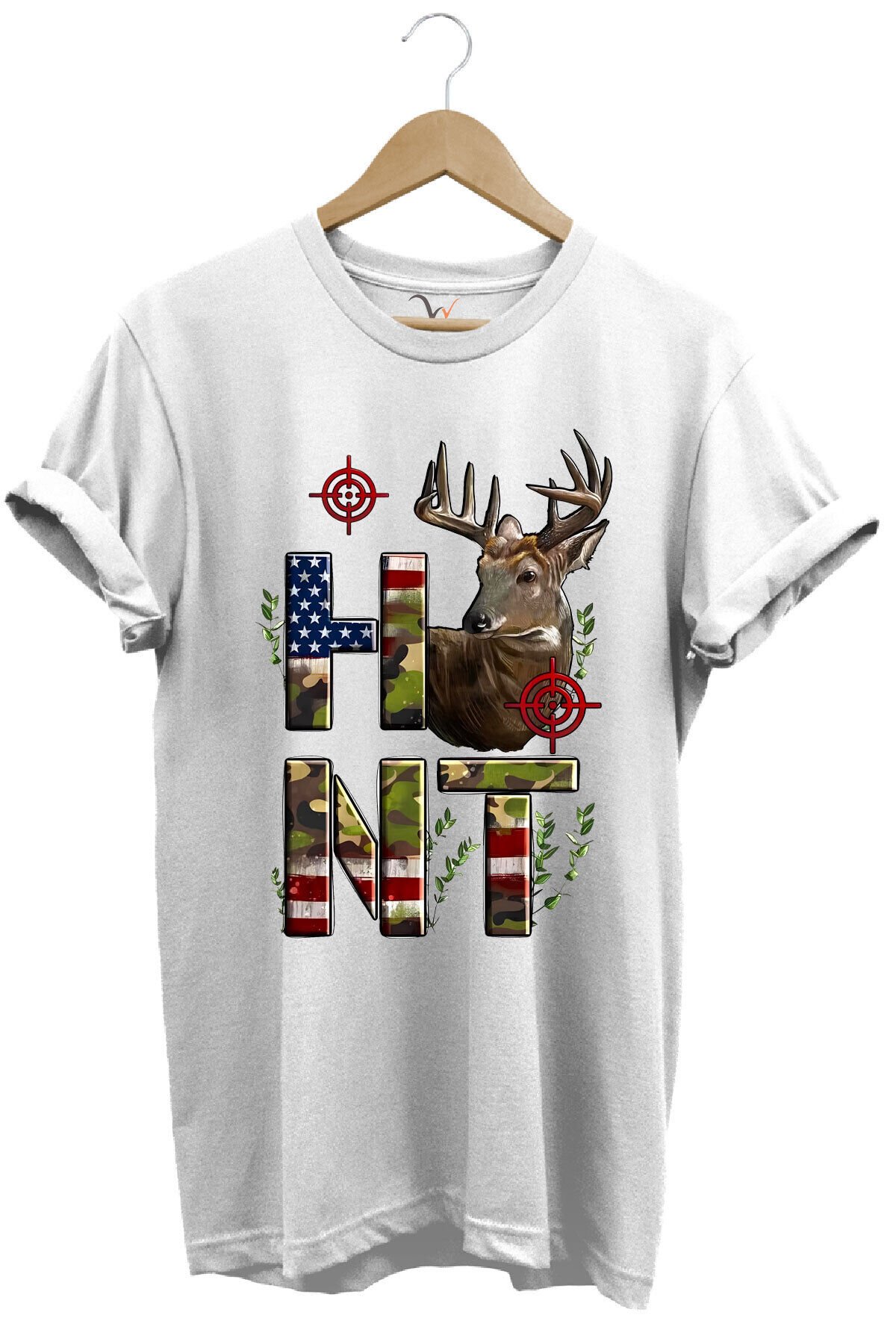 Hunting Avcılık Geyik ve Kamuflaj Hunt Yazı Baskılı %100 Pamuk Regular Fit Bisiklet Yaka T-Shirt Beyaz - 3XL
