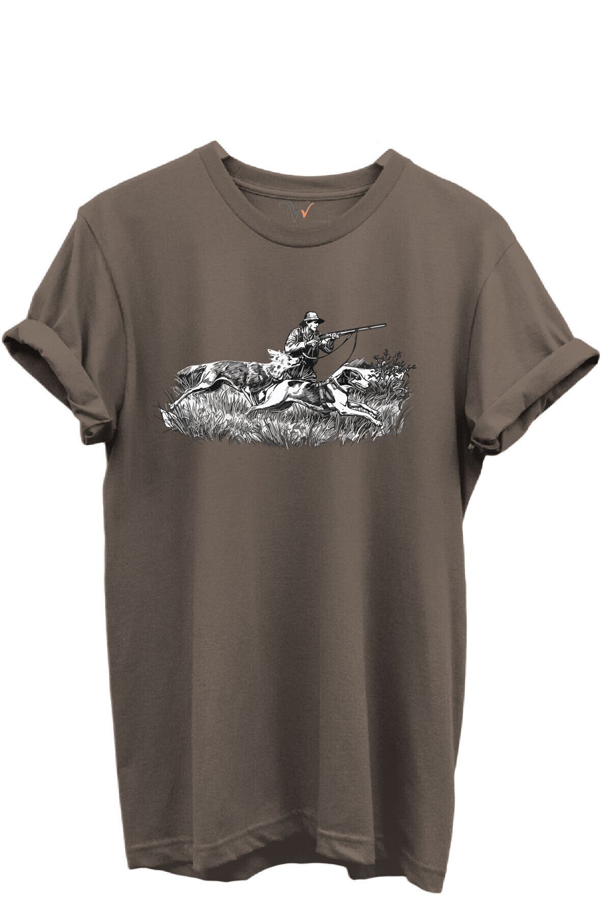 Outdoor Avcılık Avcı ve Tazı Köpek Desenli %100 Pamuk Regular Fit Bisiklet Yaka Unisex T-shirt Kahverengi - S