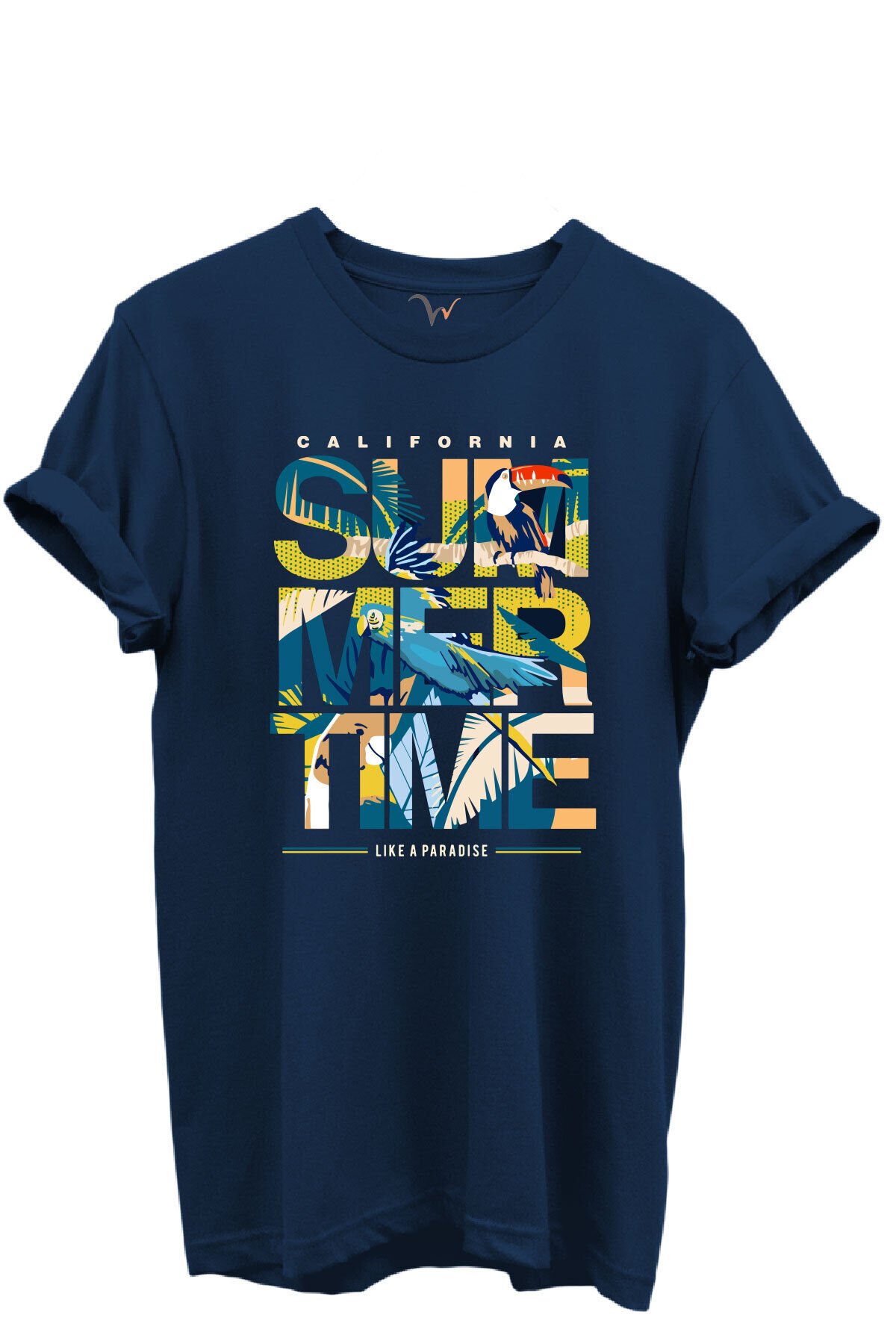 California Summertime ve Tropikal Papağan ve Palmiye Desenli %100 Pamuk Regular Fit Unisex T-Shirt Lacivert - 2XL