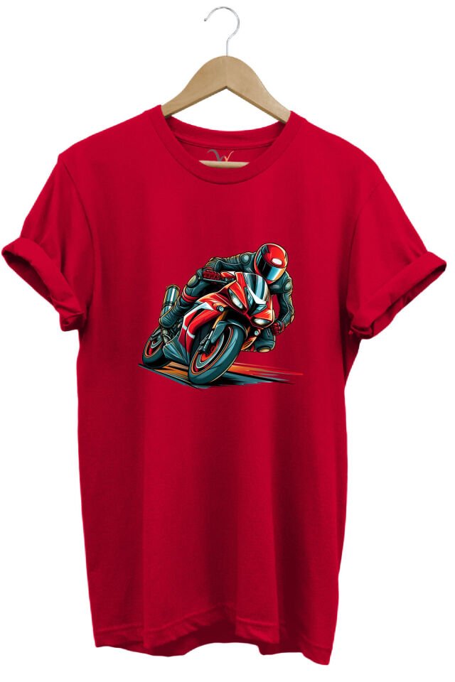 Kırmızı Racing Motosiklet Baskılı %100 Pamuk Regular Fit Unisex T-Shirt Kırmızı - S