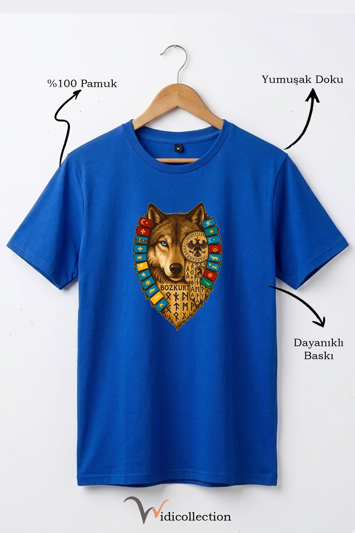 Bozkurt Göktürk Alfabeli ve Türk Devletleri Bayrakları Baskılı %100 Pamuk Regular Fit T-shirt Saks Mavi - M