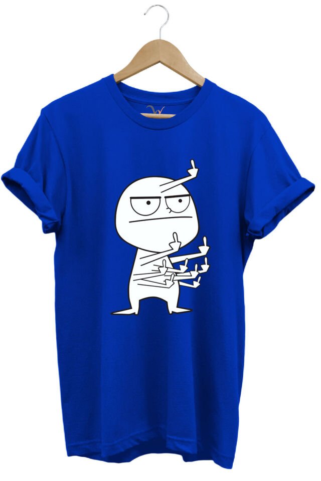 Eğlenceli Komik Orta Parmak Tasarım Baskılı %100 Pamuk Regular Fit Kırmızı T-shirt Mavi - 3XL