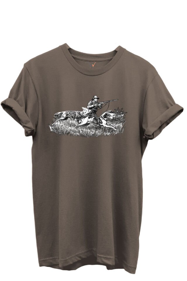 Outdoor Avcılık Avcı ve Tazı Köpek Desenli %100 Pamuk Regular Fit Bisiklet Yaka Unisex T-shirt Kahverengi - XL