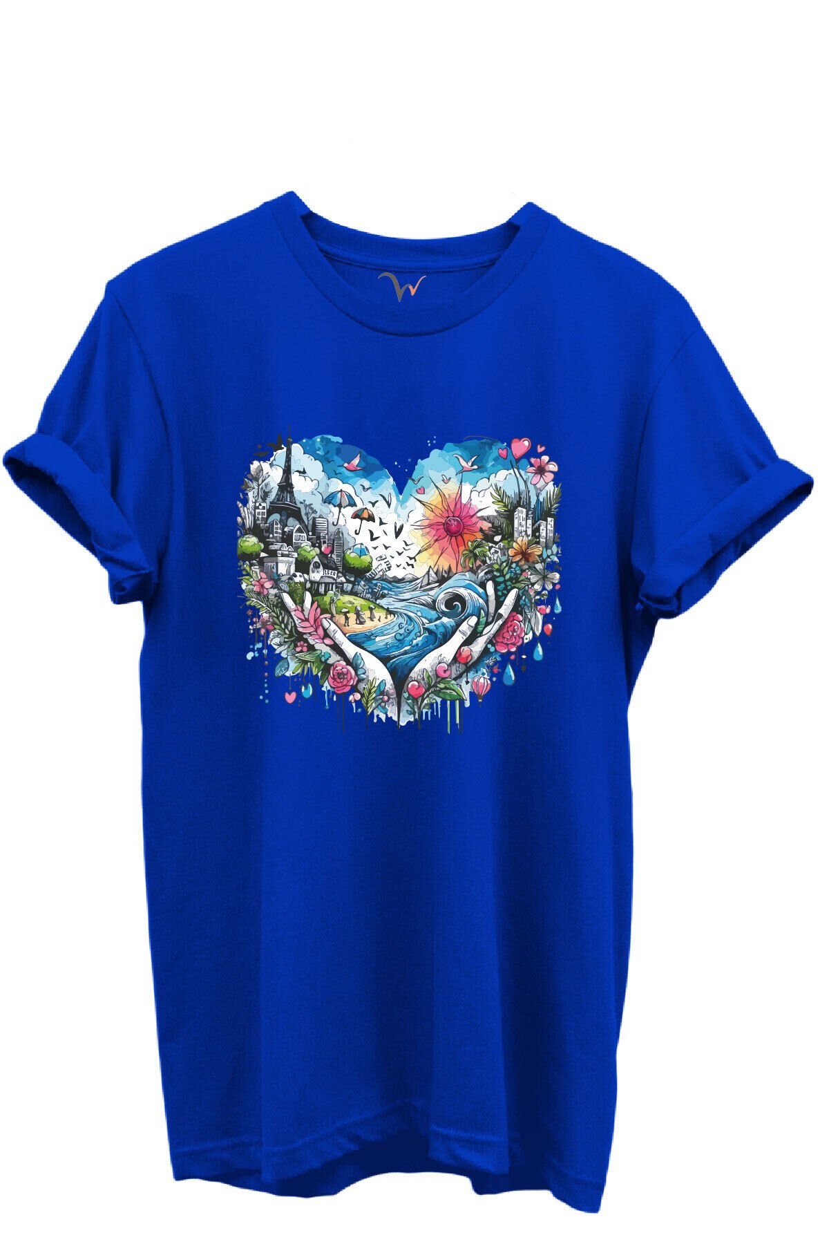Kalp Şehir Manzaralı Renkli Baskılı %100 Pamuk Regular Fit Unisex T-Shirt Mavi - 2XL