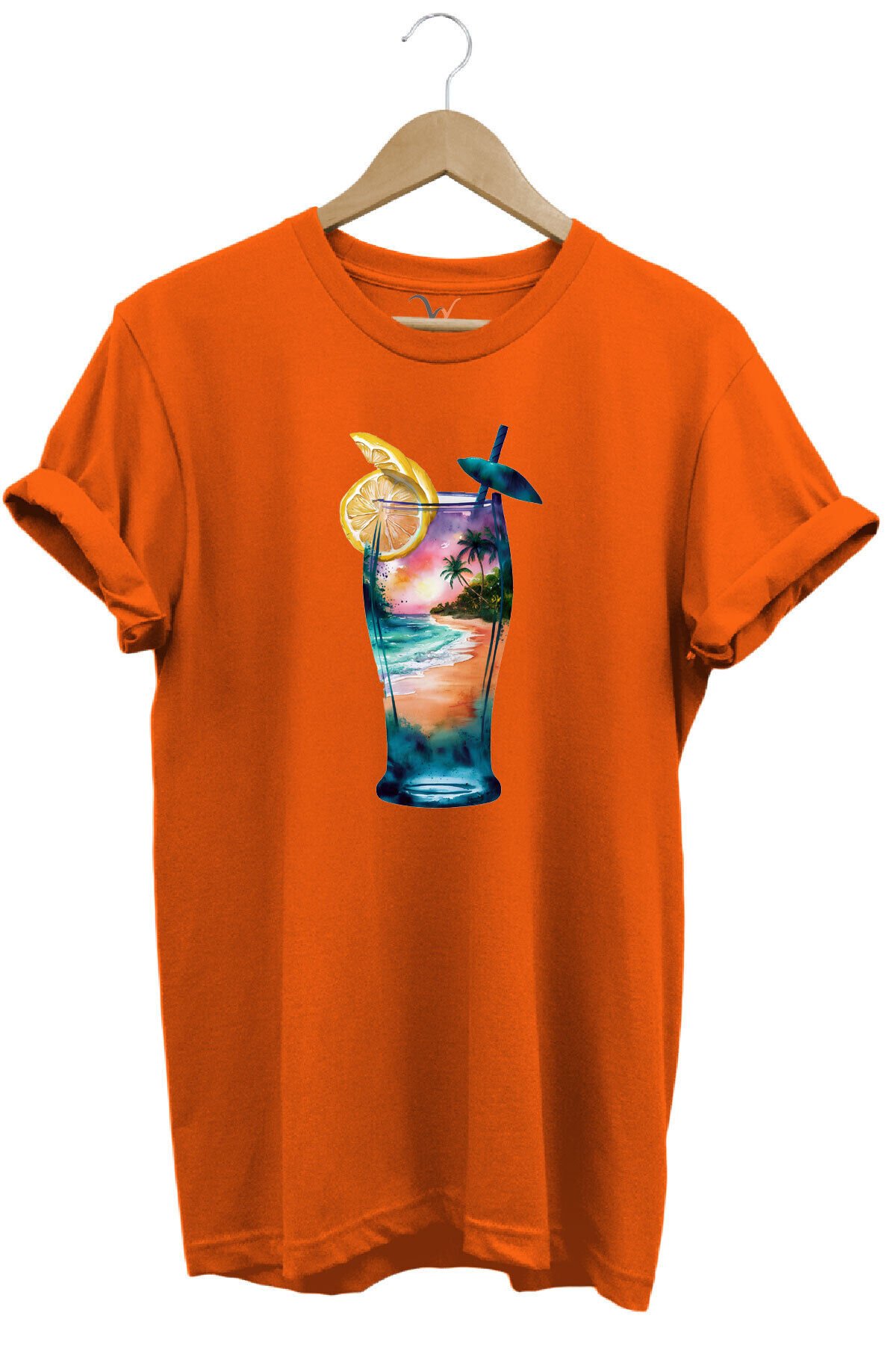 Summer Yaz Havasa ve Kokteyl Baskılı %100 Pamuk Unisex Regular Fit T-Shirt Turuncu - 3XL
