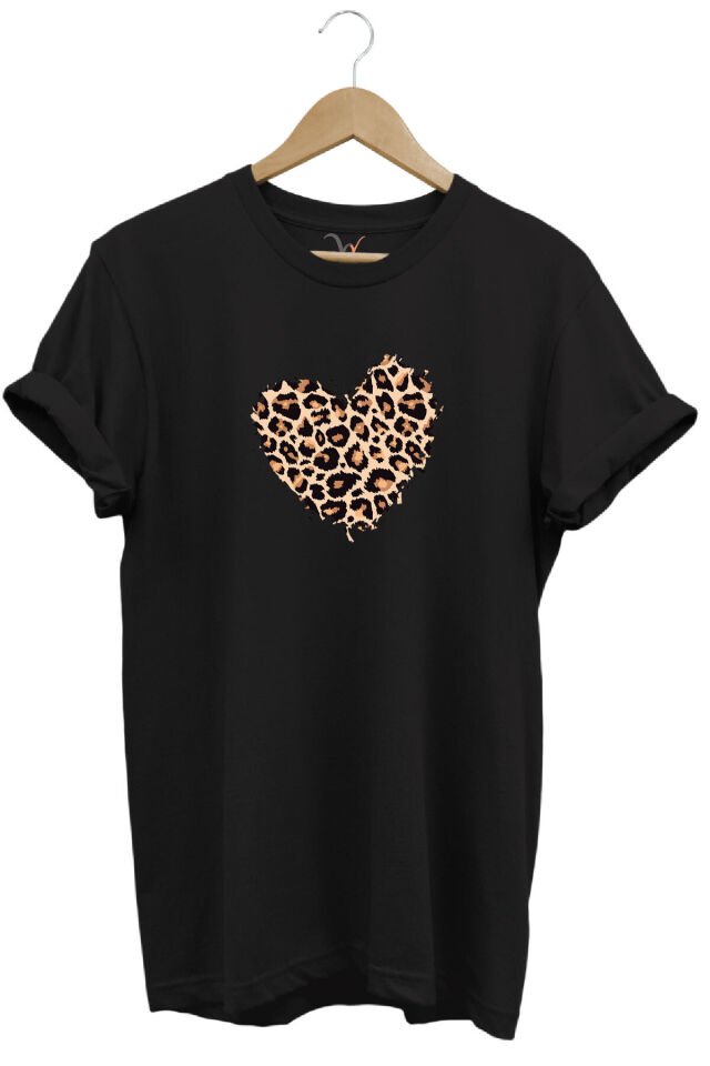 Leopar Desenli Kalp Baskılı %100 Pamuk Regular Fit Bisiklet Yaka Lacivert T-shirt Siyah - M
