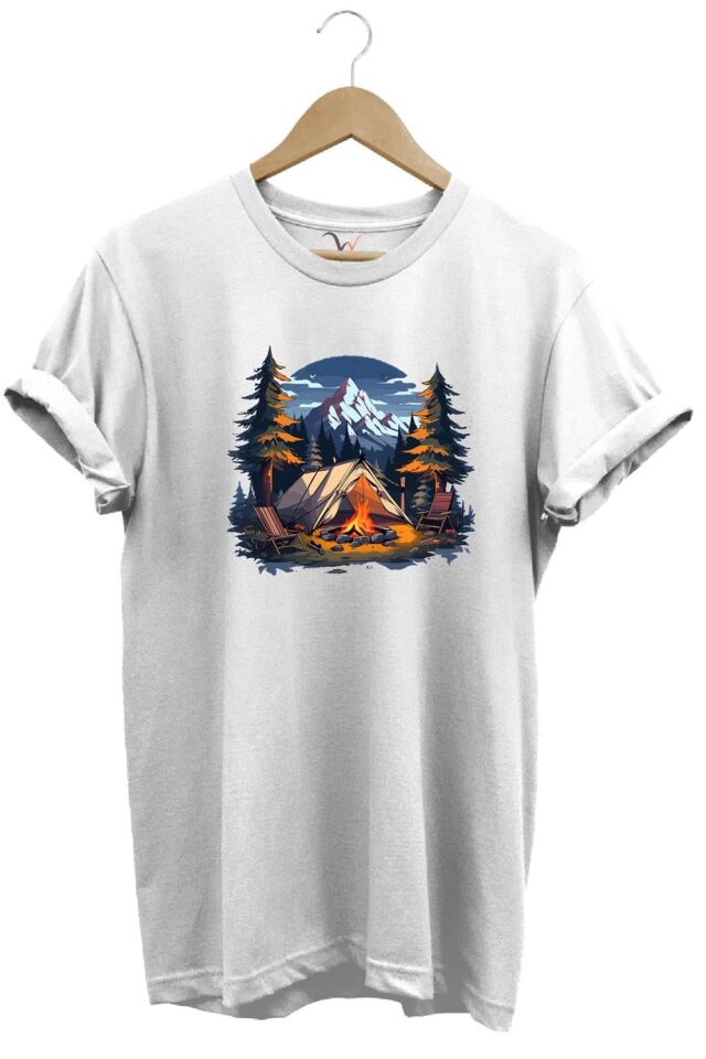 Yazlık Kamp Doğa Çadır Ve Dağ Baskılı %100 Pamuk Regular Fit Bisiklet Yaka T-Shirt - Antrasit M