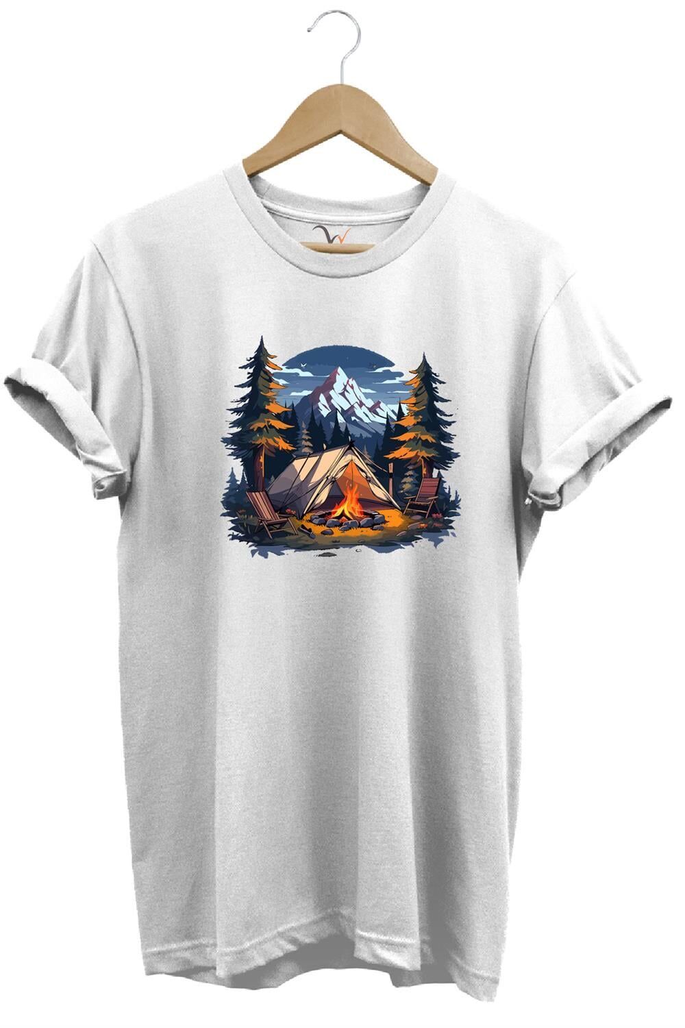 Yazlık Kamp Doğa Çadır Ve Dağ Baskılı %100 Pamuk Regular Fit Bisiklet Yaka T-Shirt - Antrasit M