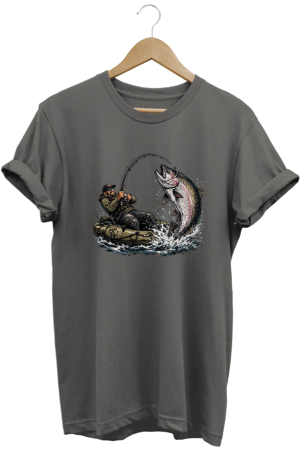 Sportif Balıkçılık ve Olta Baskılı Doğa Tişörtü Outdoor Kamp Giyimi Gri Melanj - 2XL