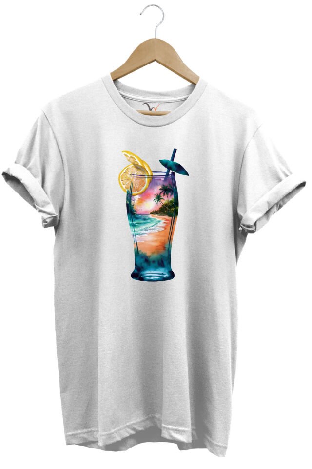 Summer Yaz Havasa ve Kokteyl Baskılı %100 Pamuk Unisex Regular Fit T-Shirt Beyaz - S