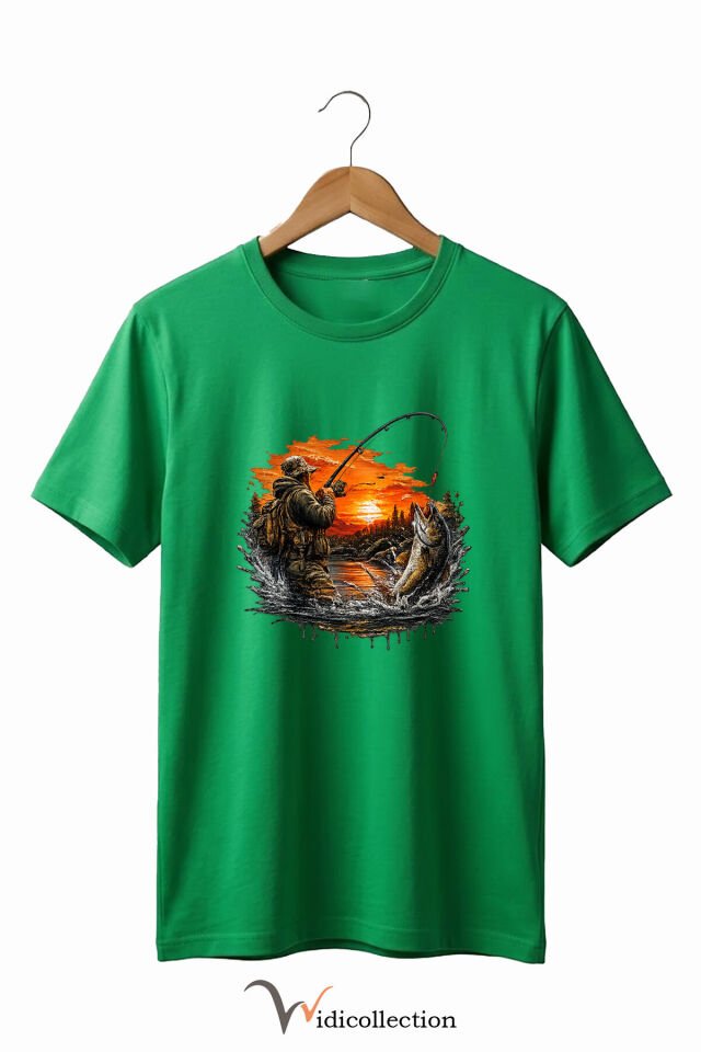 Pike Balığı Balıkçı Pike Gün Batımı ve Doğa Manzaralı Sportif Outdoor %100 Pamuk Basic T-Shirt Yeşil - XL