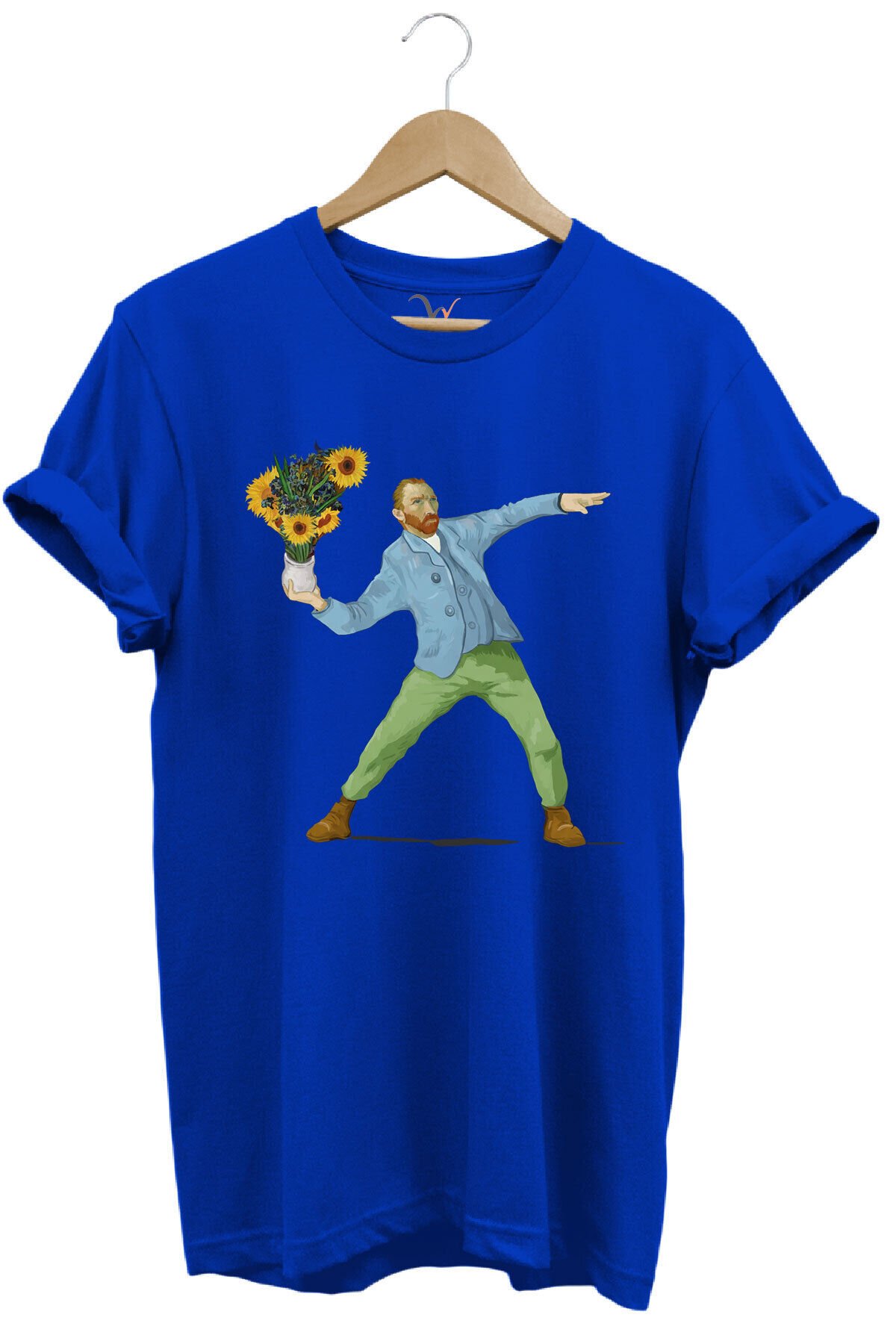 Sanatsal Portre Tasarım Baskılı ve Çiçekler %100 Pamuk Regular Fit Bisiklet Yaka T-shirt Mavi - XL
