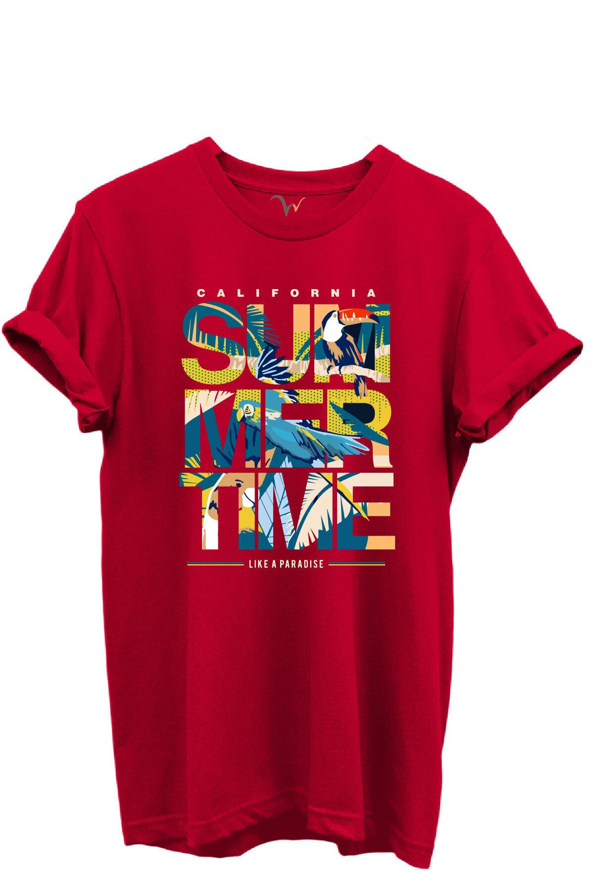 California Summertime ve Tropikal Papağan ve Palmiye Desenli %100 Pamuk Regular Fit Unisex T-Shirt Kırmızı - L