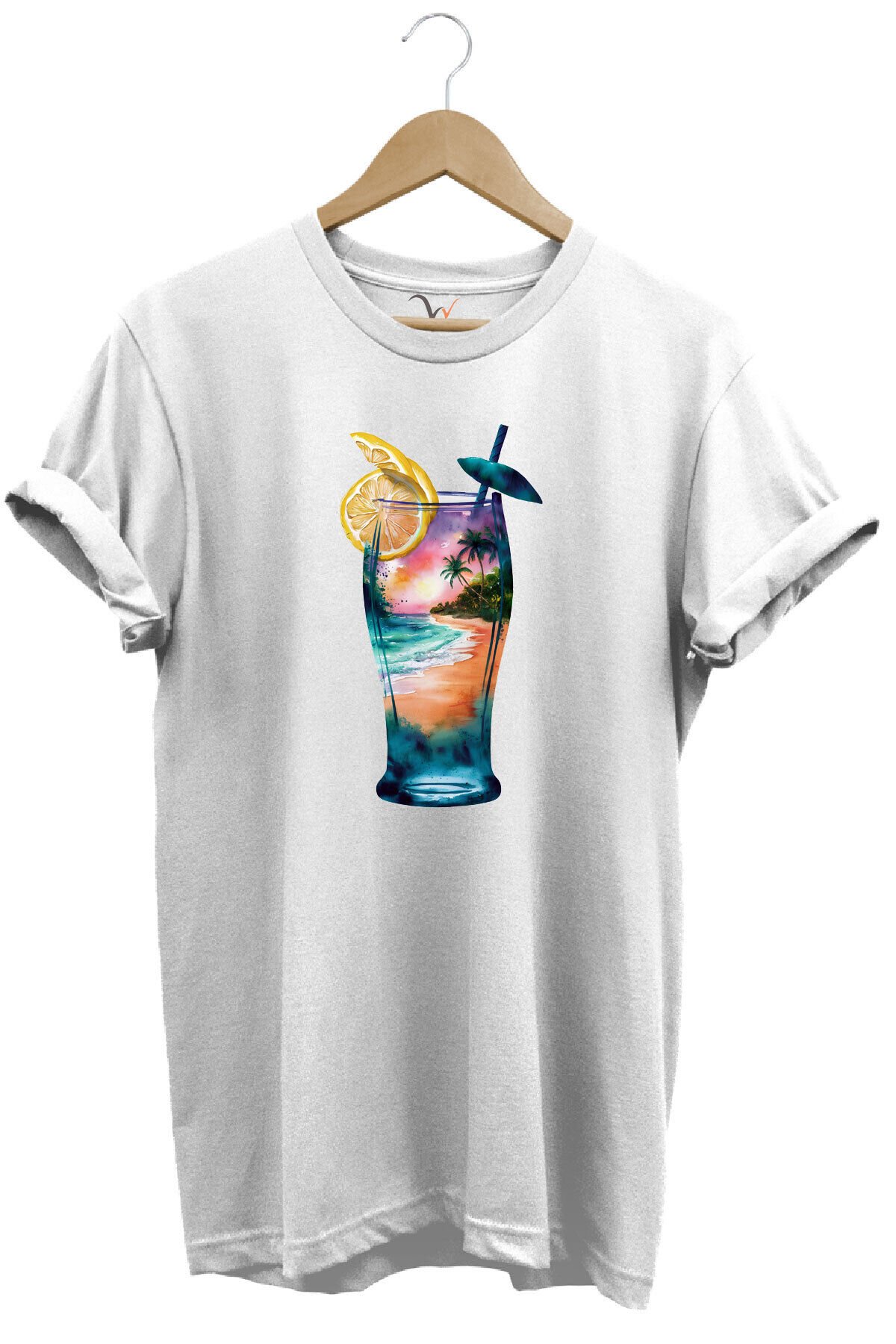 Summer Yaz Havasa ve Kokteyl Baskılı %100 Pamuk Unisex Regular Fit T-Shirt Beyaz - XL