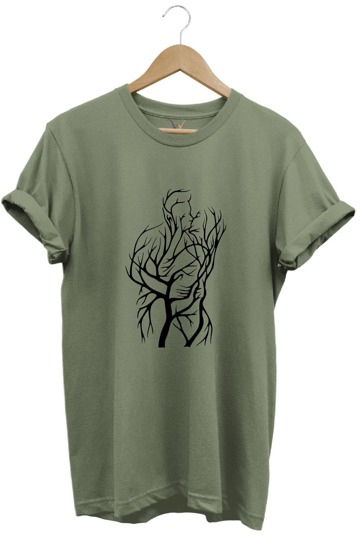 14 Şubat Sevgililer Günü Sarılan Çift Baskılı %100 Pamuk Regular Fit Bisiklet Yaka Haki T-shirt Haki - XL