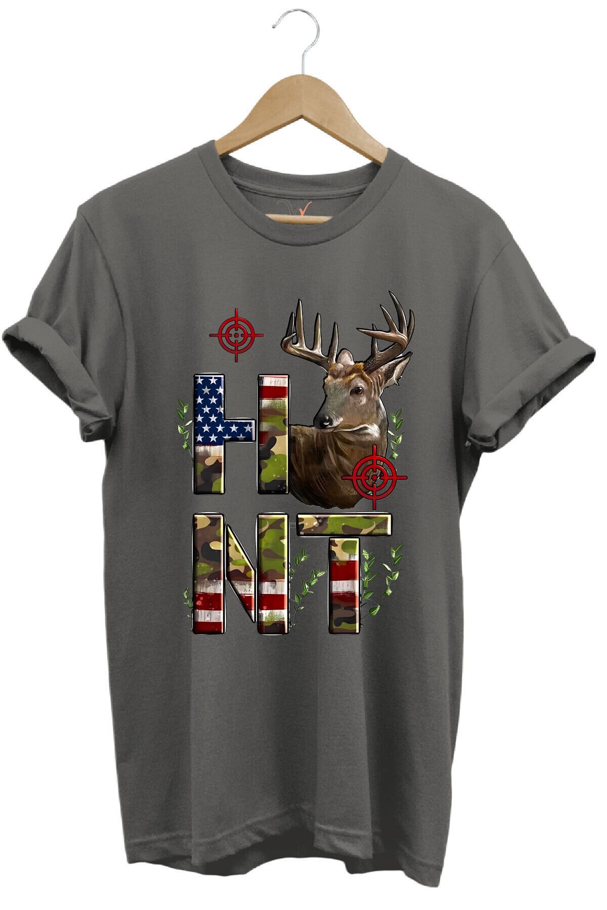 Hunting Avcılık Geyik ve Kamuflaj Hunt Yazı Baskılı %100 Pamuk Regular Fit Bisiklet Yaka T-Shirt Gri - XL