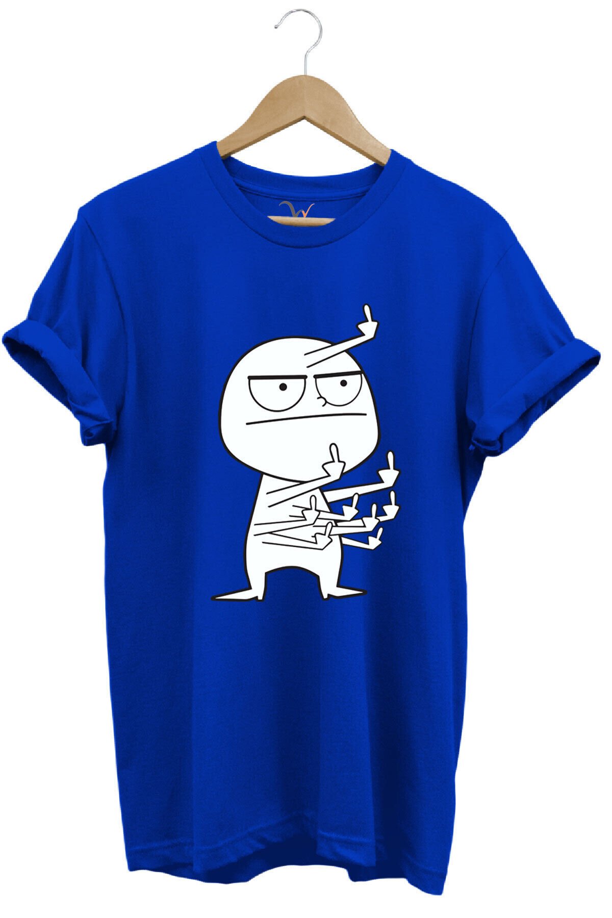 Eğlenceli Komik Orta Parmak Tasarım Baskılı %100 Pamuk Regular Fit Kırmızı T-shirt Mavi - S