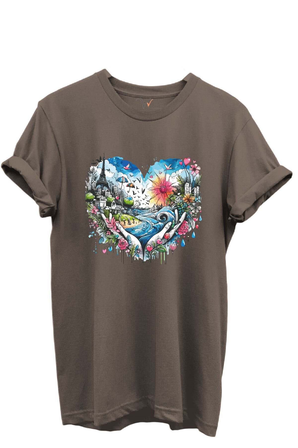Kalp Şehir Manzaralı Renkli Baskılı %100 Pamuk Regular Fit Unisex T-Shirt Kahverengi - S