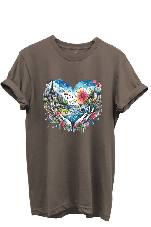 Kalp Şehir Manzaralı Renkli Baskılı %100 Pamuk Regular Fit Unisex T-Shirt Kahverengi - S