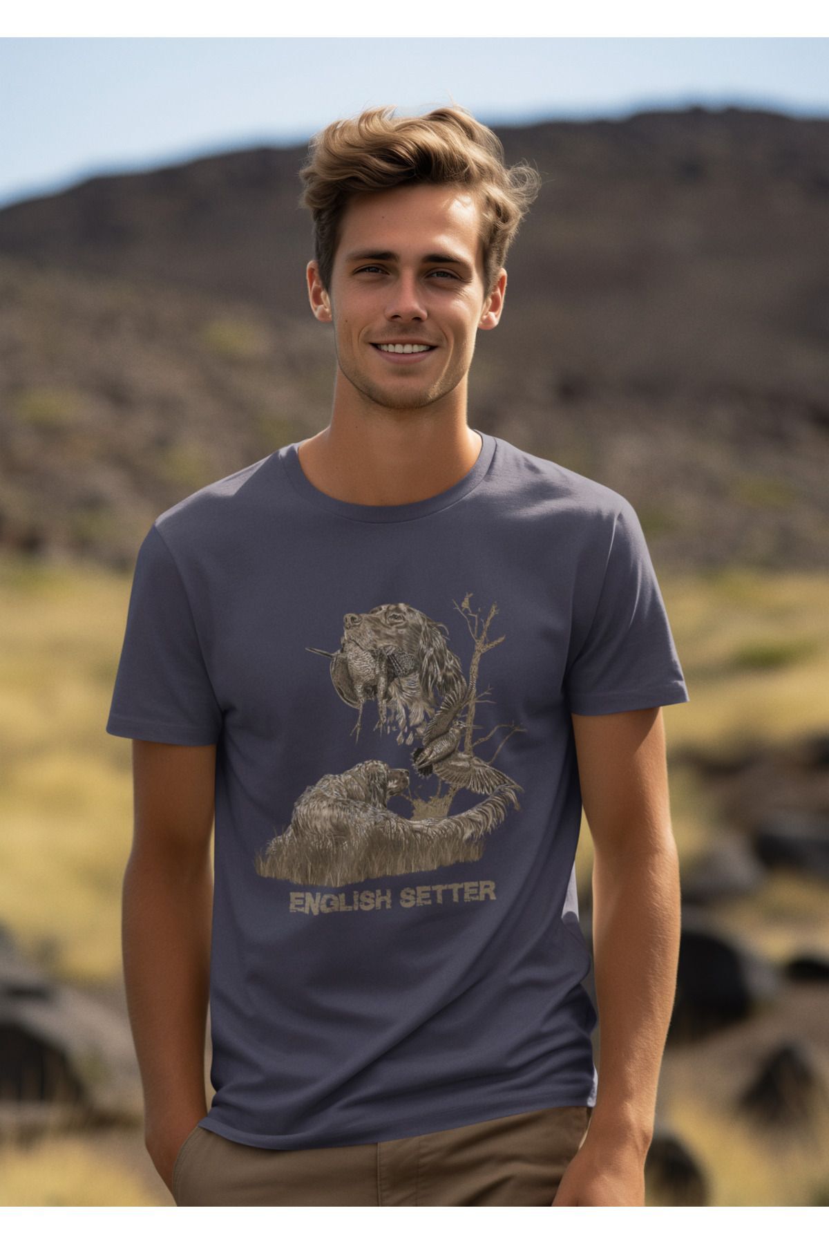 Avcılık Hunter Ağaçlı English Setter Çulluk Yazı Baskılı %100 Pamuk Regular Fit Yeşil T-shirt Antrasit - M