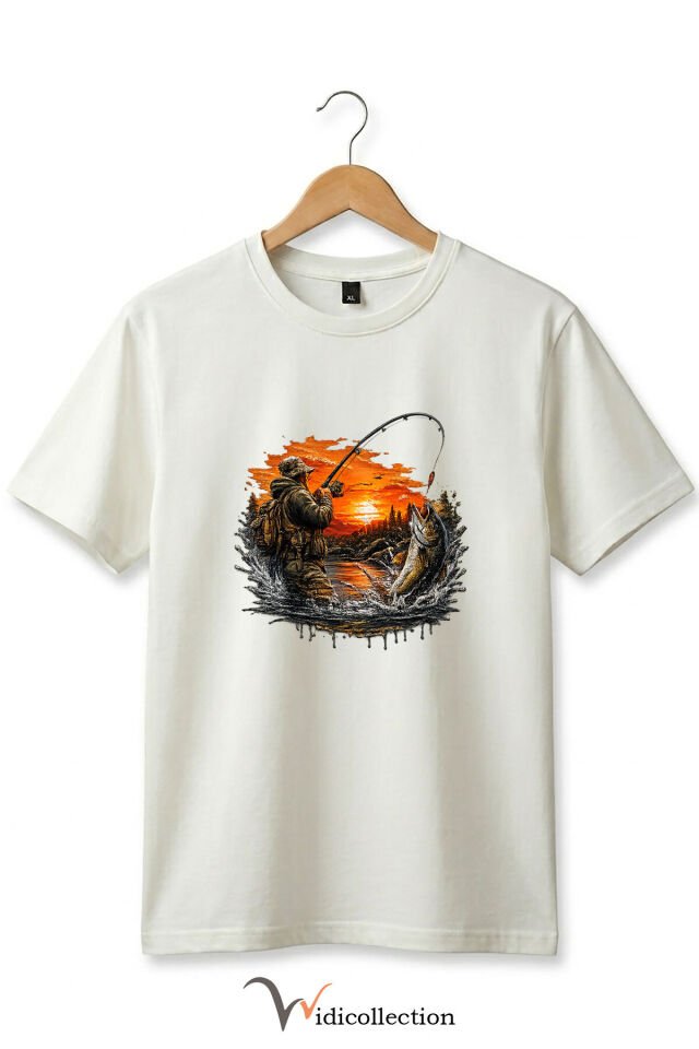 Pike Balığı Balıkçı Pike Gün Batımı ve Doğa Manzaralı Sportif Outdoor %100 Pamuk Basic T-Shirt Ekru - XL