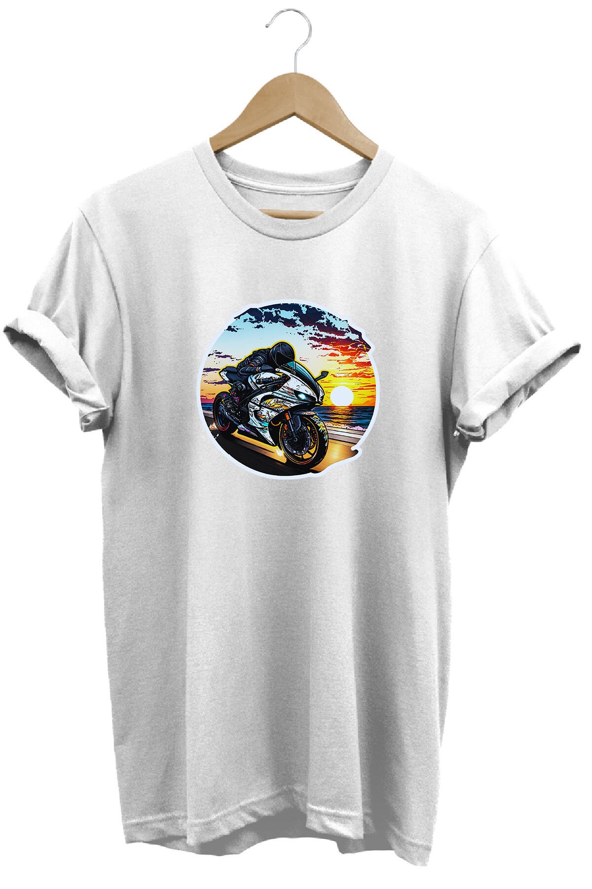 Unisex Motosiklet Temalı Grafik Baskılı Bisiklet Yaka Tişört T-shirt Beyaz - 3XL